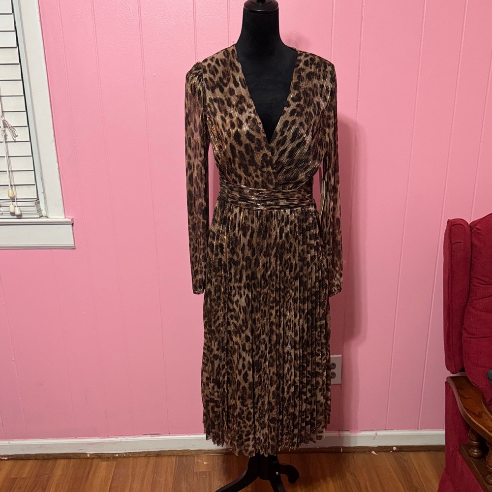 Halogen Brown Leopard Wrap-Style Long Sleeve Midi Dress